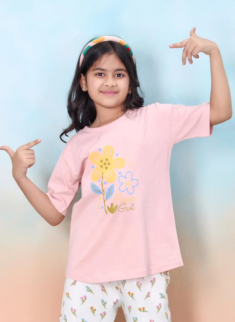 Artemea  Flower printed Girls Premium Peach Boxy T shirt and Floral Printed  Pajama  set (2pc set -Top & Bottom) for Women | Best Price UAE